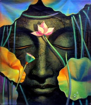 Buddhist Painting - Buddha head and lotus Buddhism